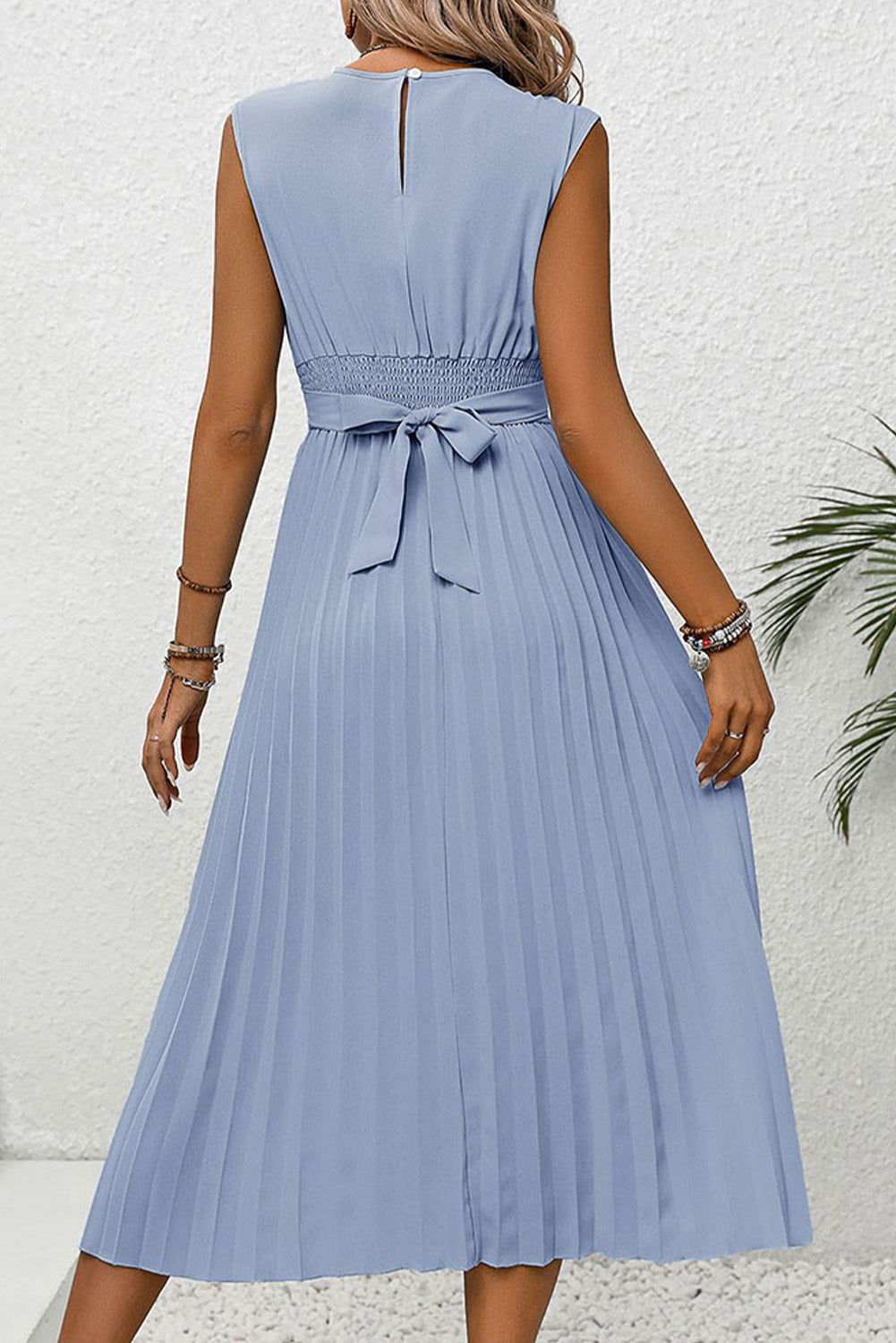 Sky Blue Solid Color Criss Cross Pleated Sleeveless Midi Dress 