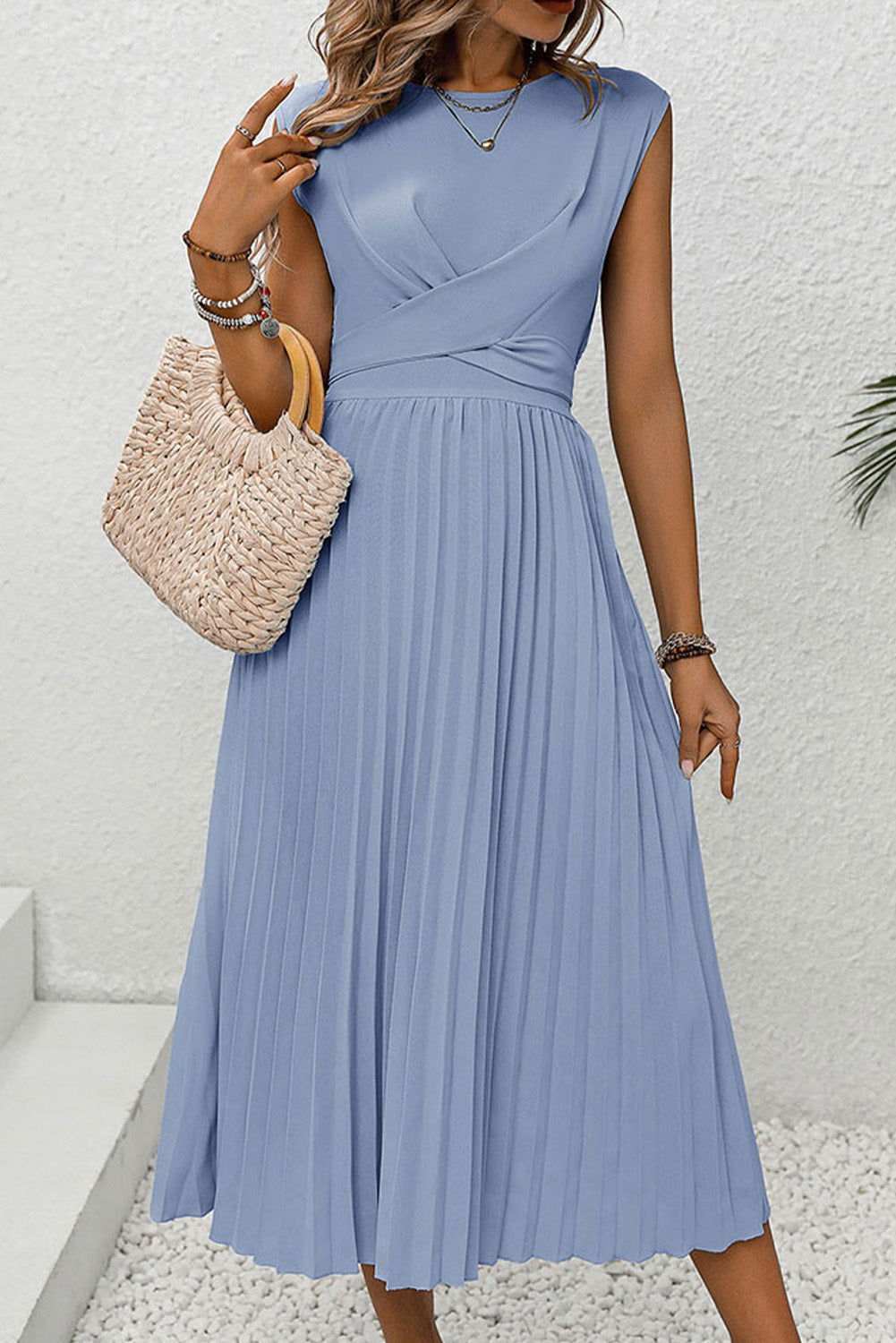 Sky Blue Solid Color Criss Cross Pleated Sleeveless Midi Dress 