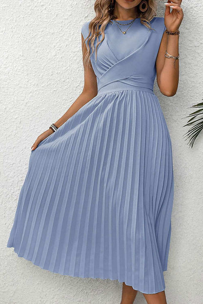 Sky Blue Solid Color Criss Cross Pleated Sleeveless Midi Dress 