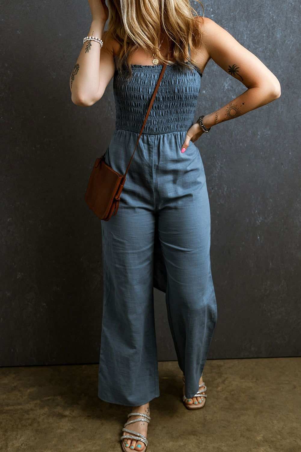 Sky Blue Spaghetti Straps Smocked Bodice Wide Leg Jumpsuit 