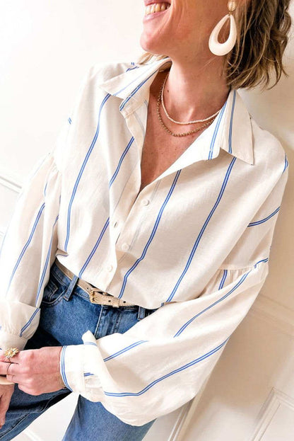 Sky Blue Stripe Drop Shoulder Bubble Sleeve Loose Shirt 