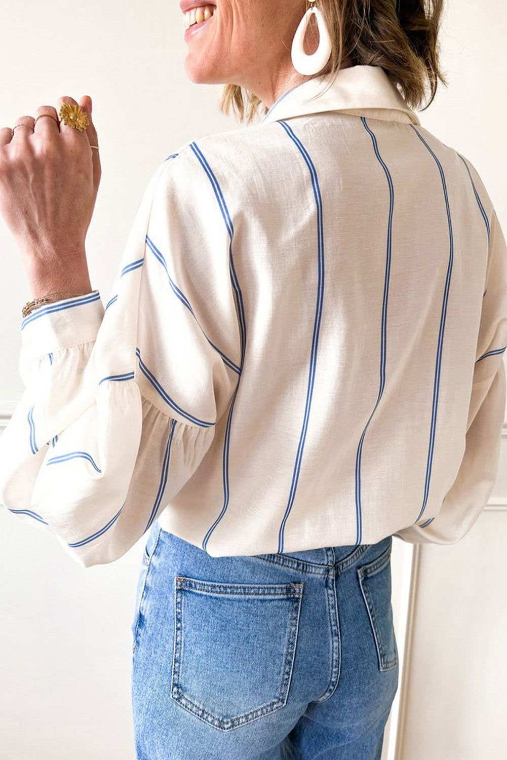 Sky Blue Stripe Drop Shoulder Bubble Sleeve Loose Shirt 