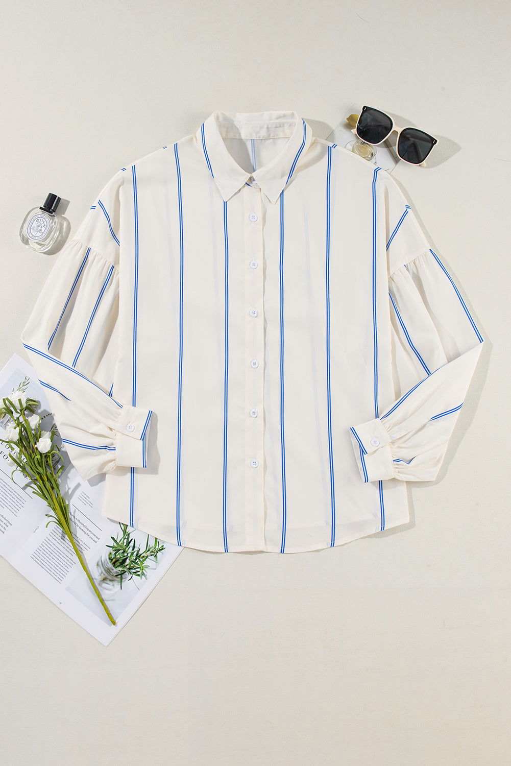 Sky Blue Stripe Drop Shoulder Bubble Sleeve Loose Shirt 