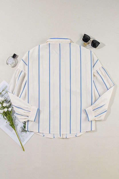 Sky Blue Stripe Drop Shoulder Bubble Sleeve Loose Shirt 