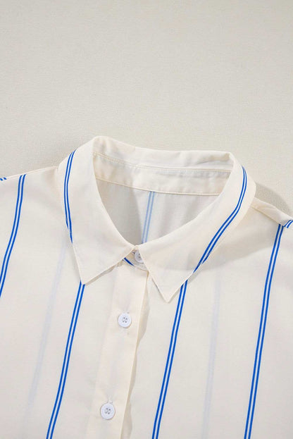 Sky Blue Stripe Drop Shoulder Bubble Sleeve Loose Shirt 