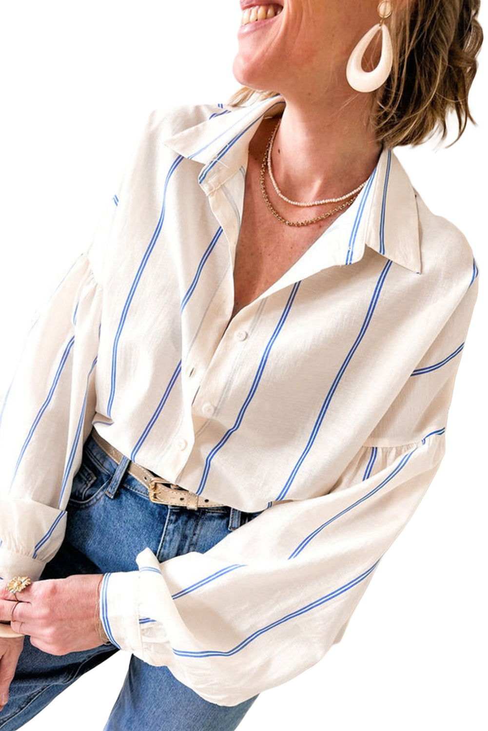 Sky Blue Stripe Drop Shoulder Bubble Sleeve Loose Shirt 