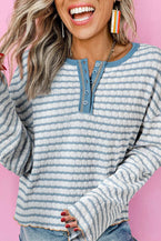 Sky Blue Stripe Textured Long Sleeve Henley Top 