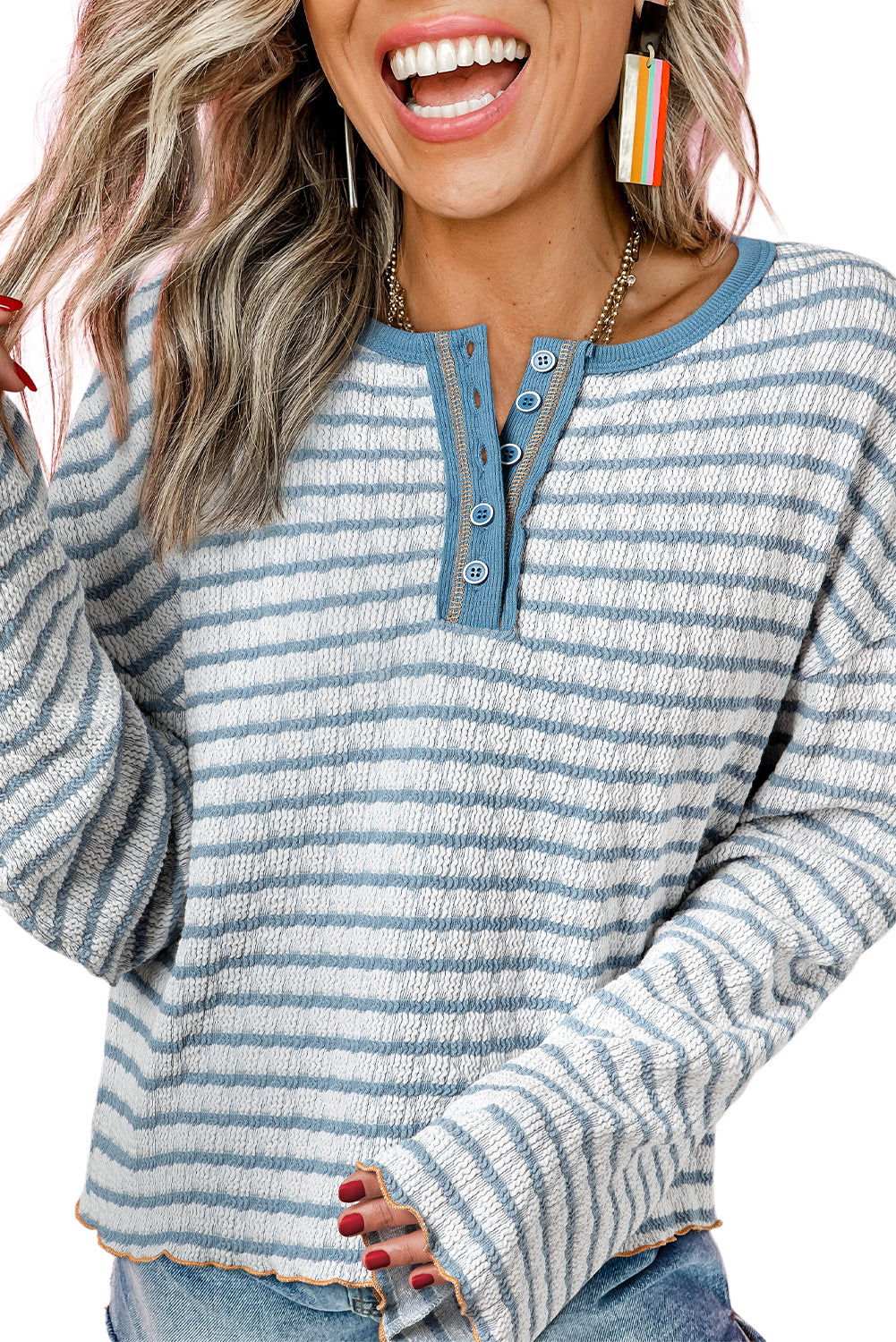 Sky Blue Stripe Textured Long Sleeve Henley Top 