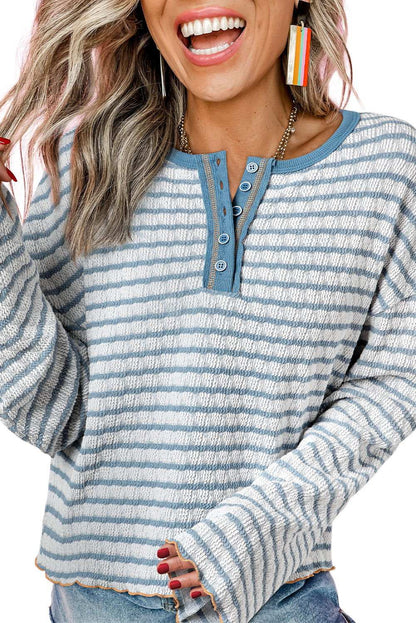 Sky Blue Stripe Textured Long Sleeve Henley Top 