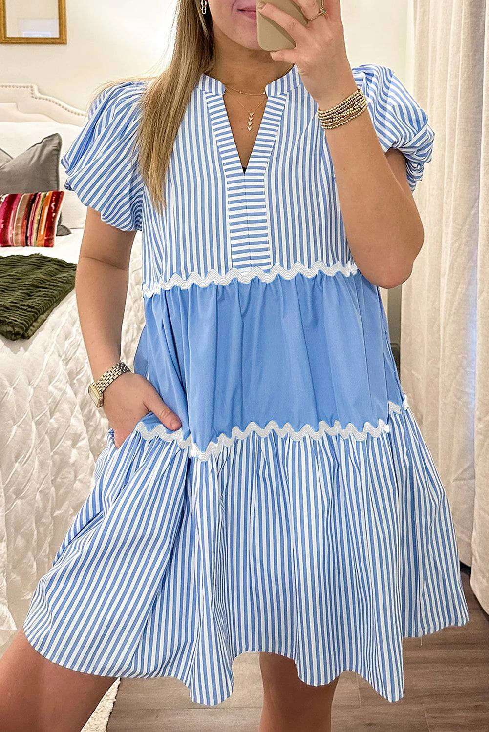 Sky Blue Striped Patchwork Puff Sleeve Pocketed Mini Dress 