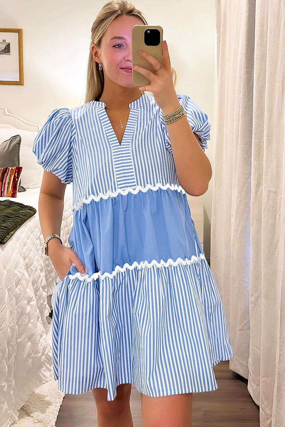 Sky Blue Striped Patchwork Puff Sleeve Pocketed Mini Dress 