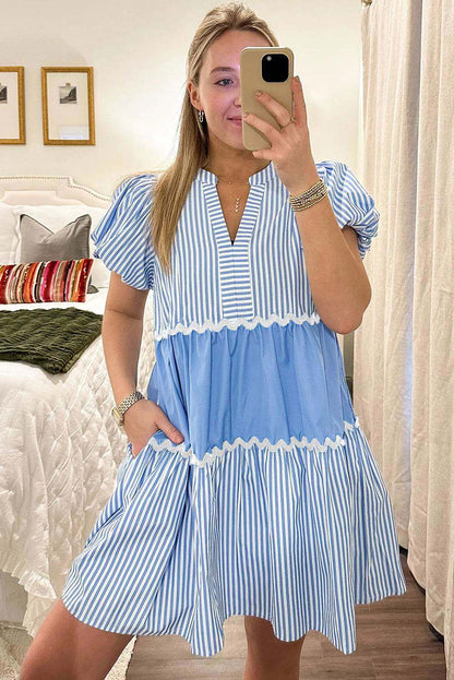 Sky Blue Striped Patchwork Puff Sleeve Pocketed Mini Dress 