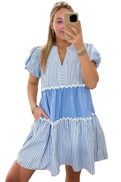 Sky Blue Striped Patchwork Puff Sleeve Pocketed Mini Dress 