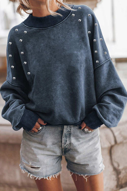 Sky Blue Studded Graphic Drop Shoulder Sleeve Sweatshirt 