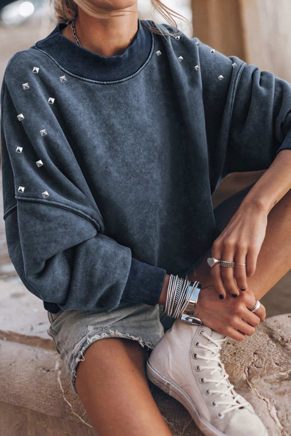 Sky Blue Studded Graphic Drop Shoulder Sleeve Sweatshirt 