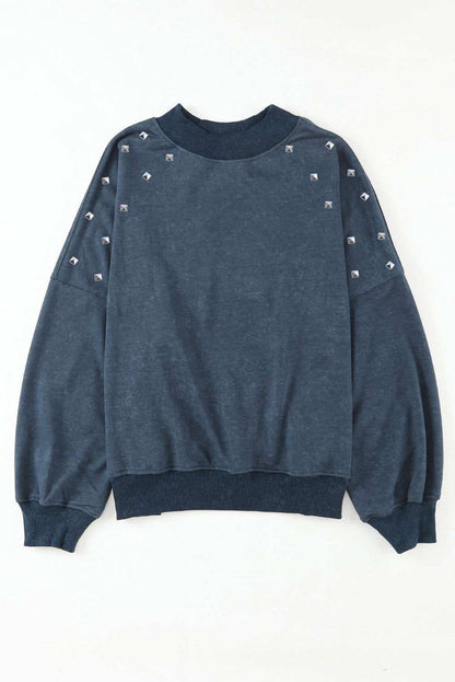 Sky Blue Studded Graphic Drop Shoulder Sleeve Sweatshirt 