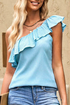 Sky Blue Trim Textured Ruffle One Shoulder Top 