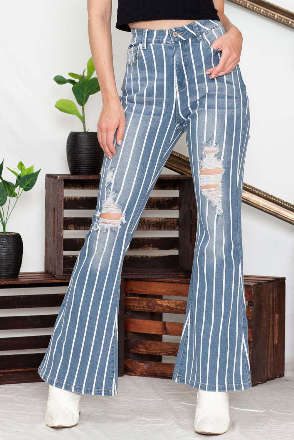 Sky Blue Vertical Striped Ripped Flare Jeans 