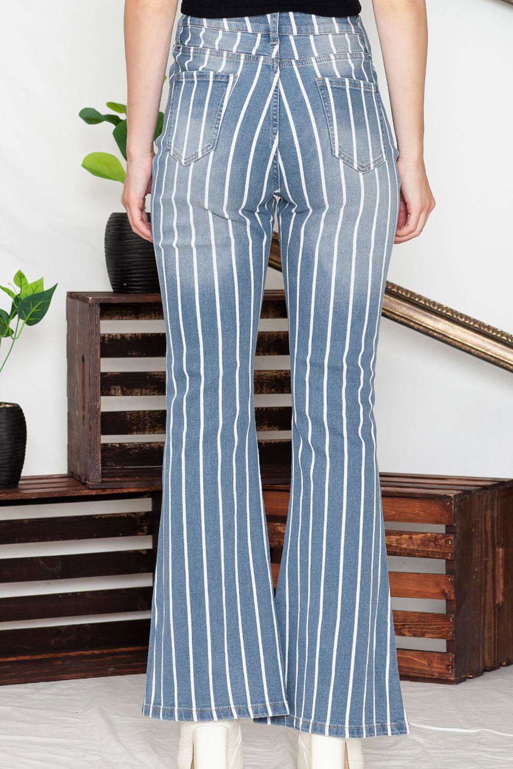 Sky Blue Vertical Striped Ripped Flare Jeans 