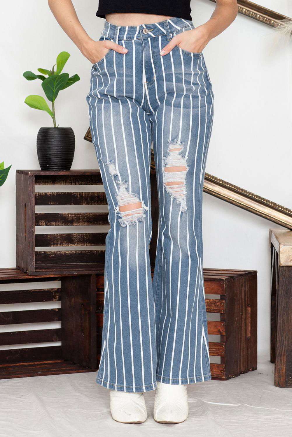 Sky Blue Vertical Striped Ripped Flare Jeans 