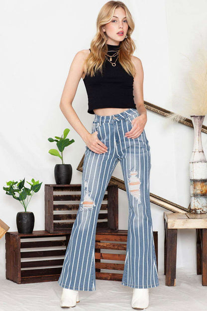 Sky Blue Vertical Striped Ripped Flare Jeans 