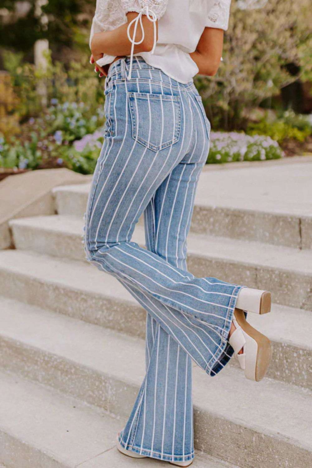 Sky Blue Vertical Striped Ripped Flare Jeans 