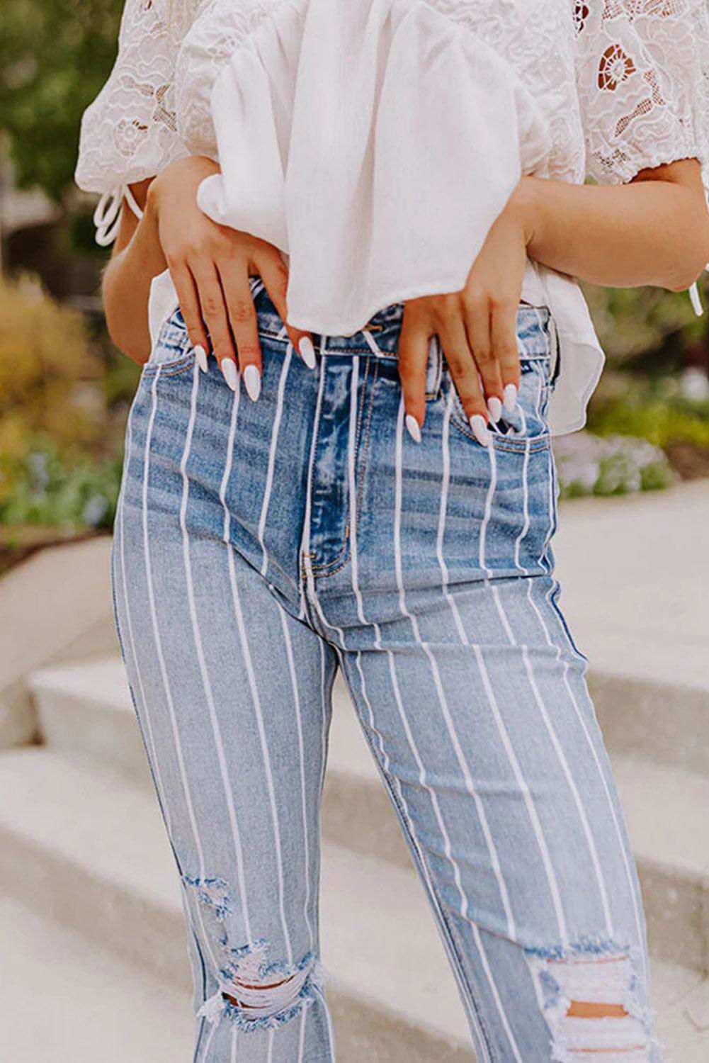 Sky Blue Vertical Striped Ripped Flare Jeans 