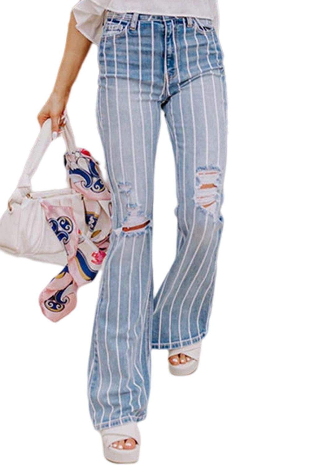 Sky Blue Vertical Striped Ripped Flare Jeans 