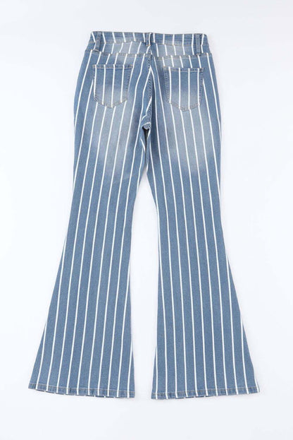 Sky Blue Vertical Striped Ripped Flare Jeans 