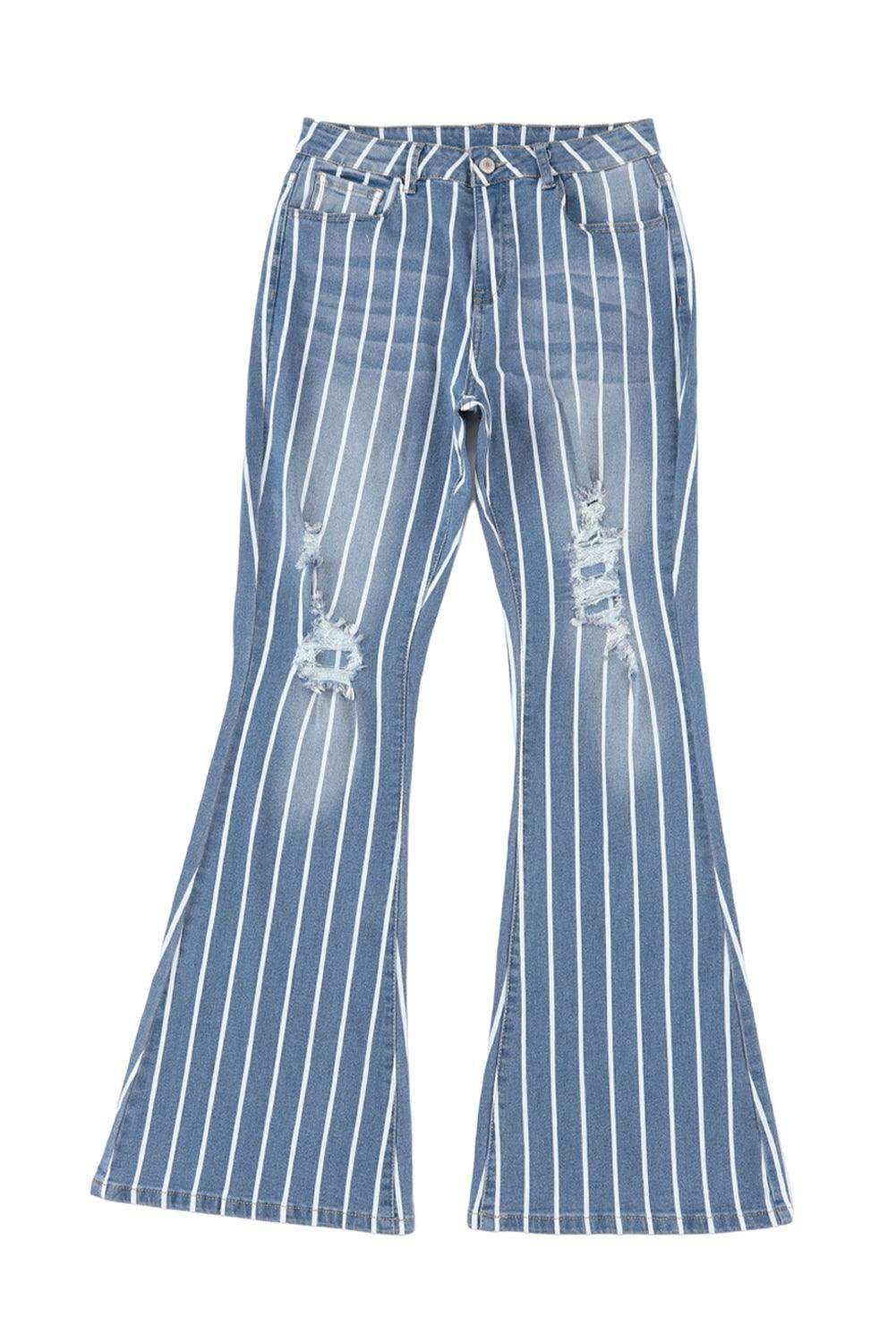 Sky Blue Vertical Striped Ripped Flare Jeans 