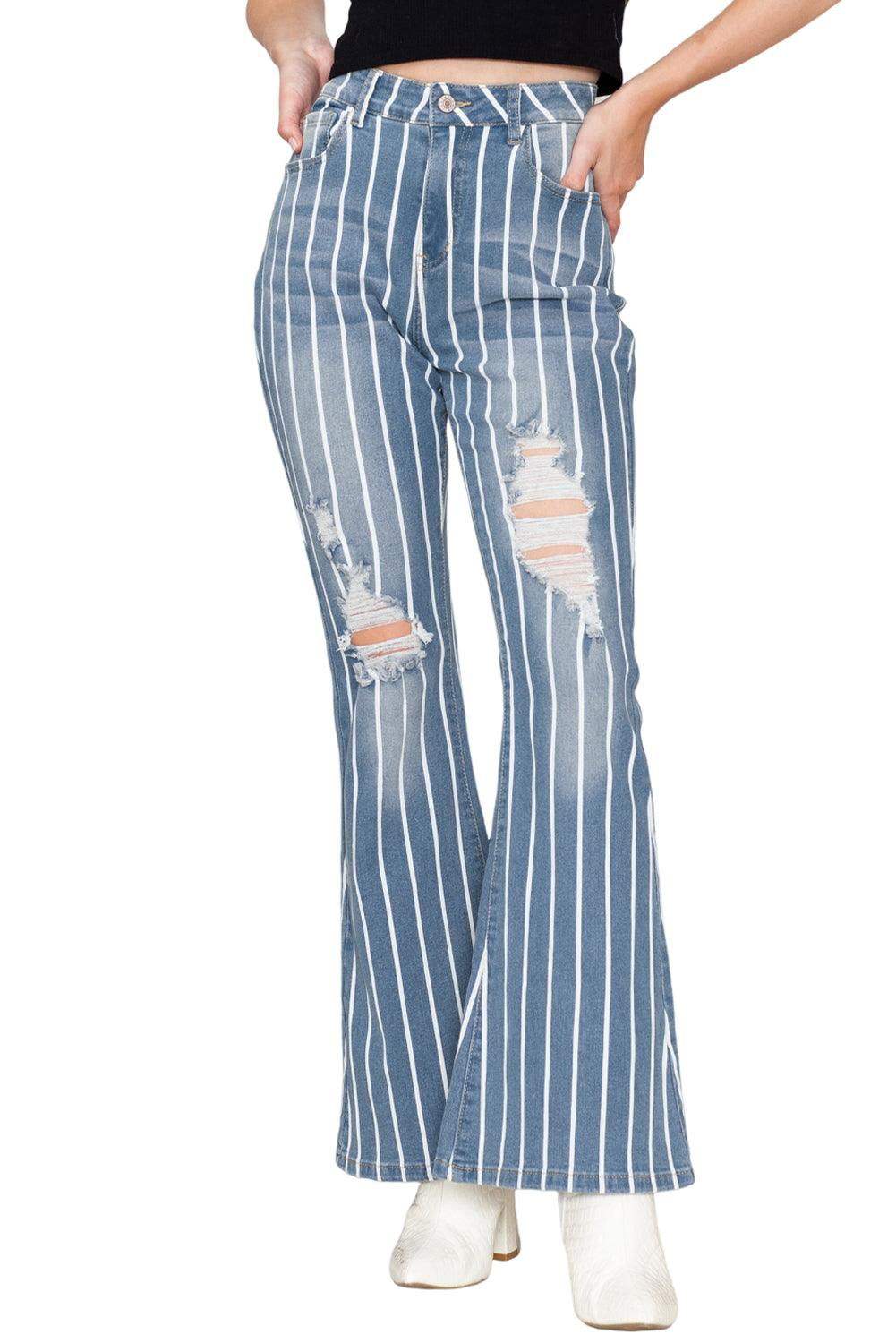 Sky Blue Vertical Striped Ripped Flare Jeans 