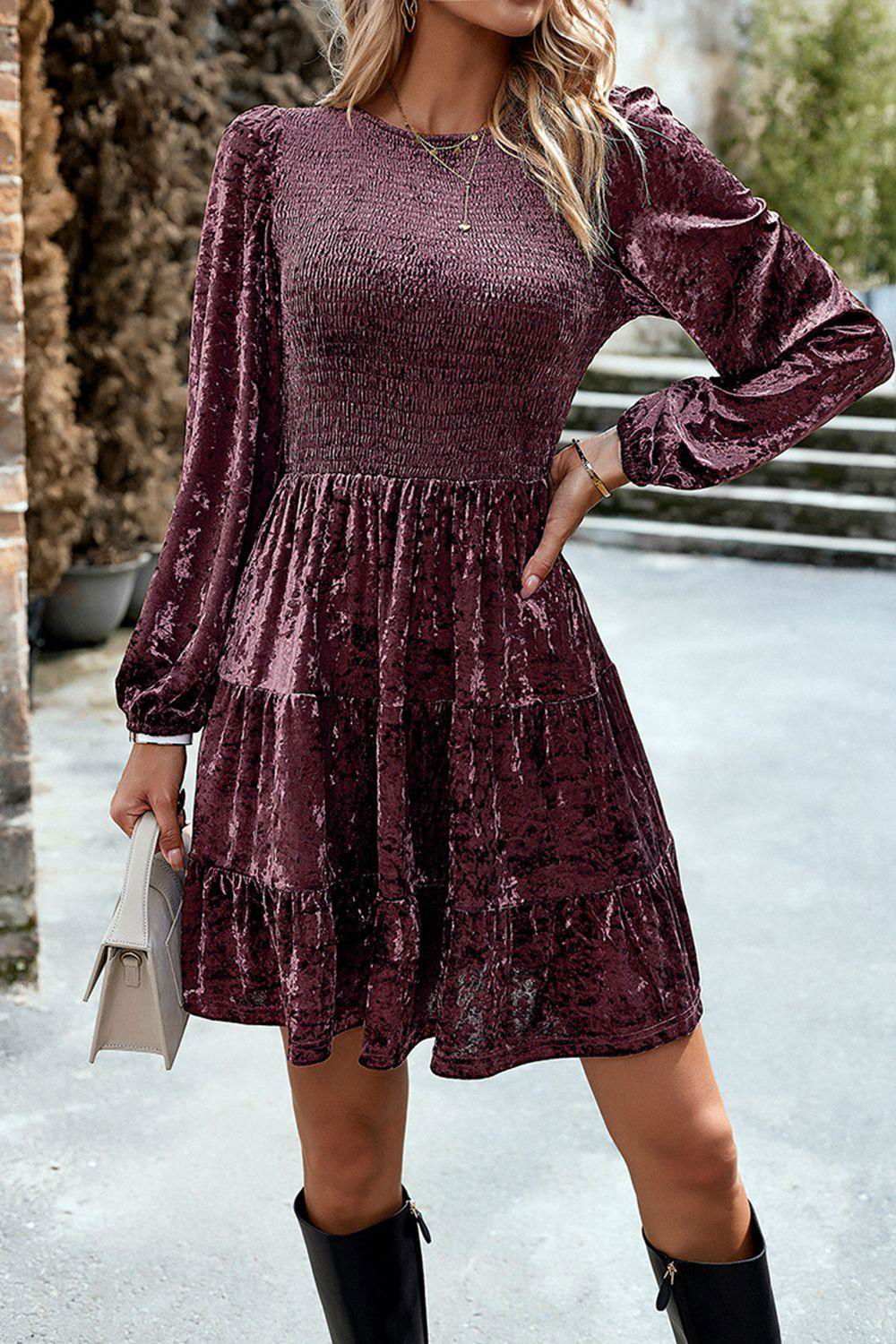 Smocked Round Neck Balloon Sleeve Mini Dress 