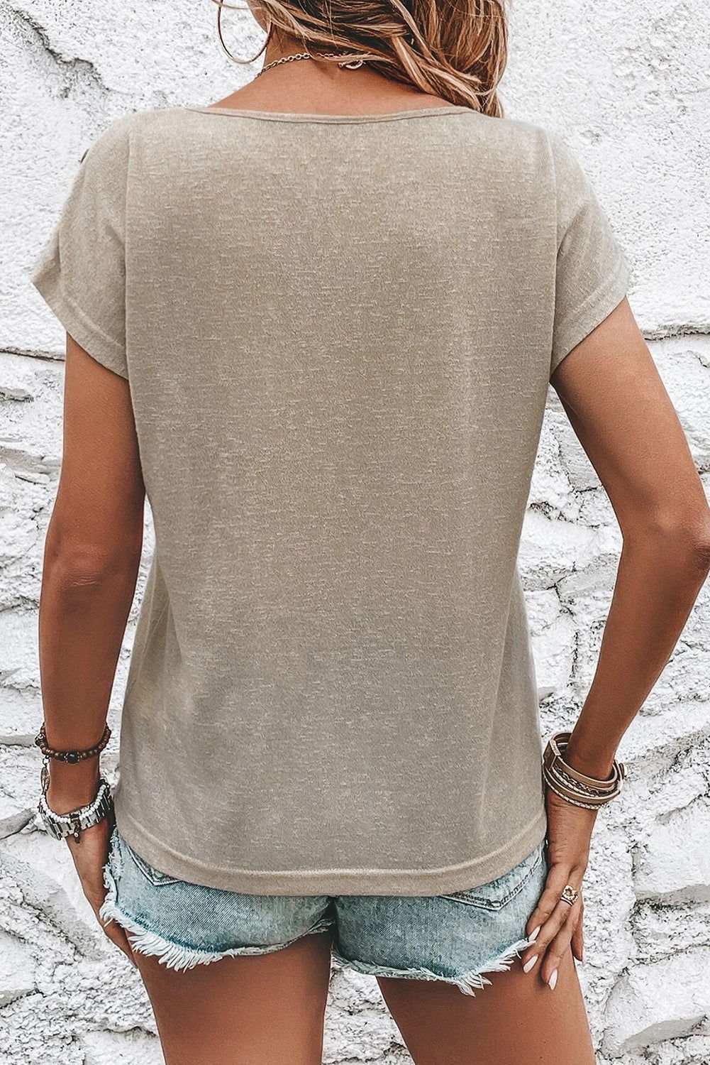 Smoke Gray Solid Color Button Decor Batwing Sleeve Tee 