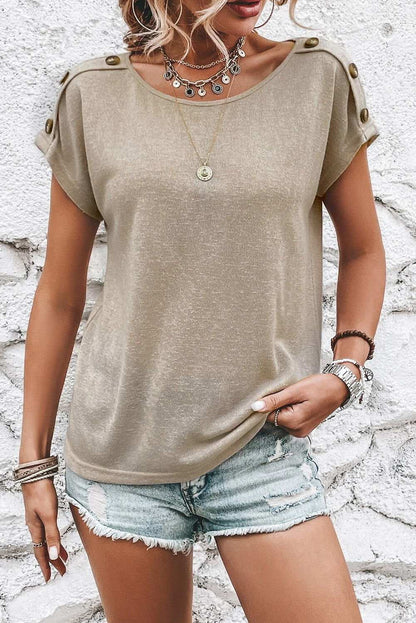 Smoke Gray Solid Color Button Decor Batwing Sleeve Tee 