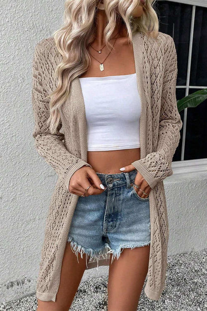 Smoke Gray Solid Color Pointelle Knit Open Front Cardigan 