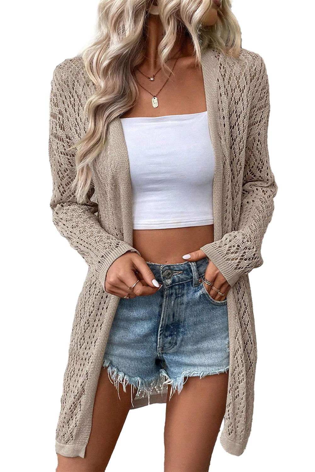 Smoke Gray Solid Color Pointelle Knit Open Front Cardigan 