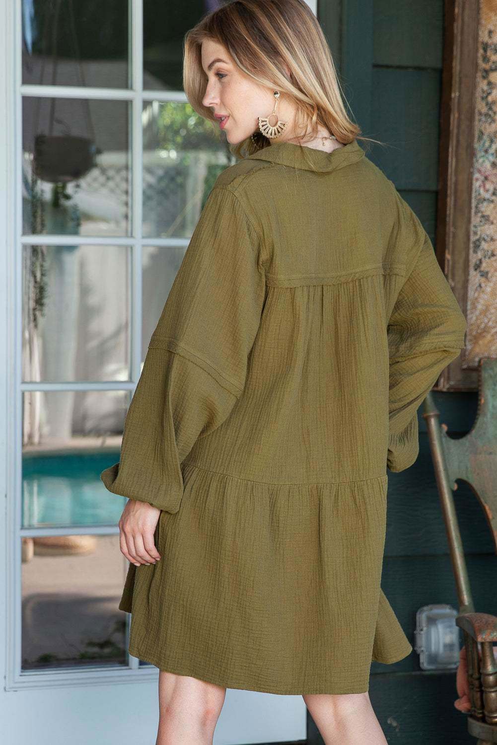 Solid Color Gauze Collared Casual Swing Long Sleeve Dress 