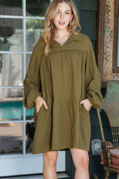 Solid Color Gauze Collared Casual Swing Long Sleeve Dress 