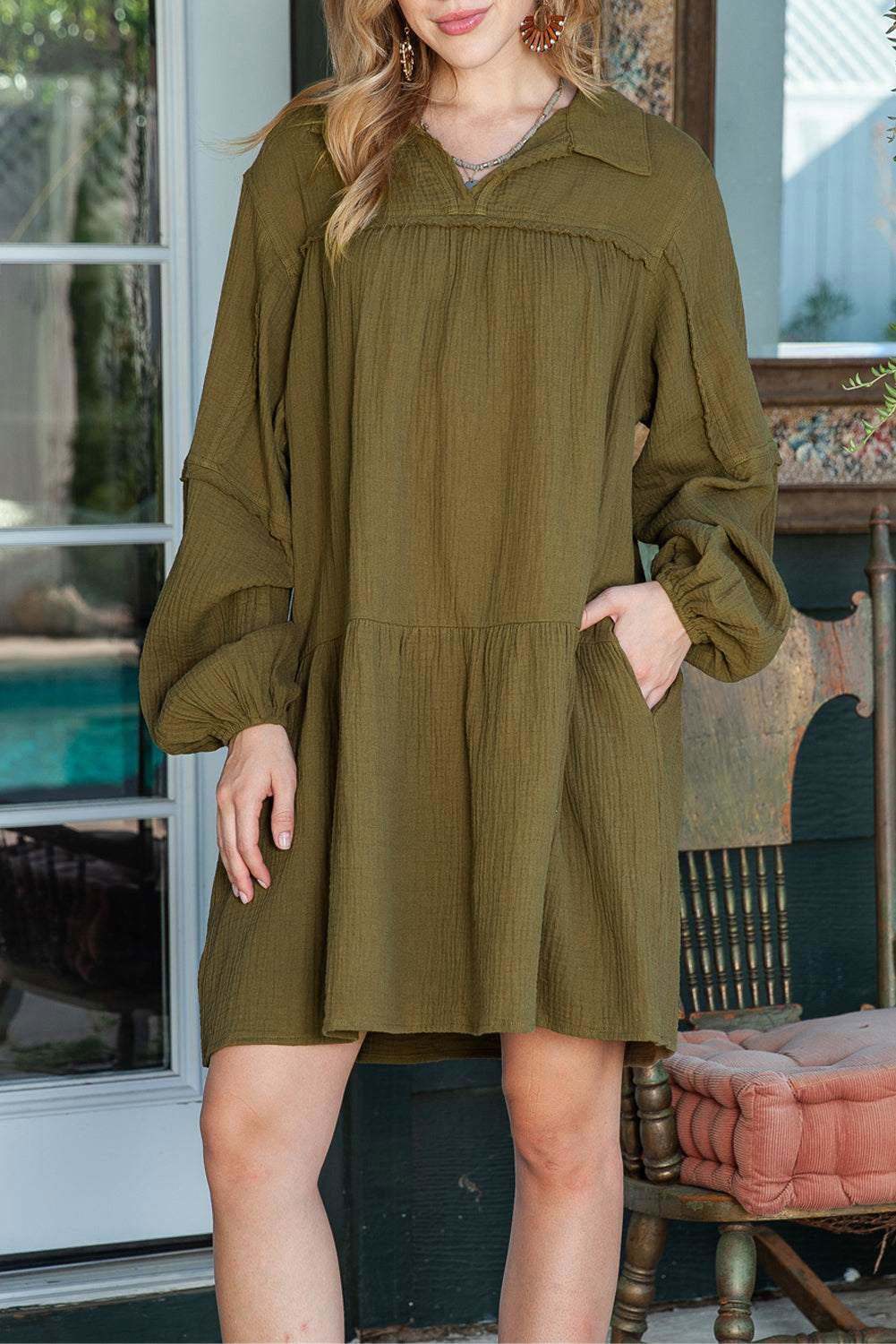 Solid Color Gauze Collared Casual Swing Long Sleeve Dress 