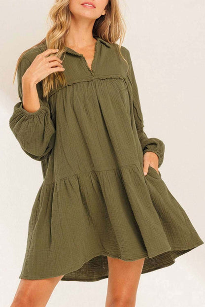 Solid Color Gauze Collared Casual Swing Long Sleeve Dress 