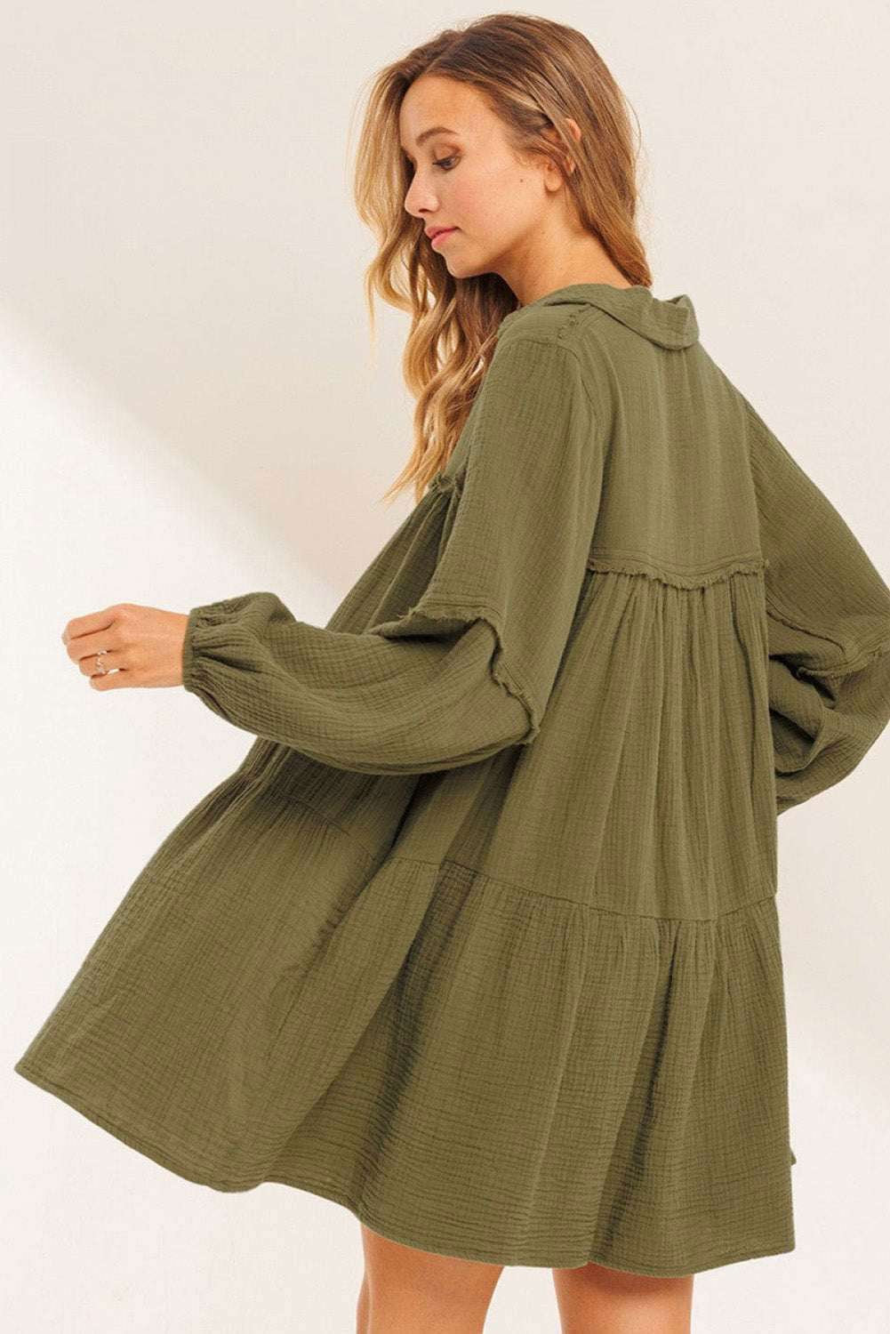 Solid Color Gauze Collared Casual Swing Long Sleeve Dress 