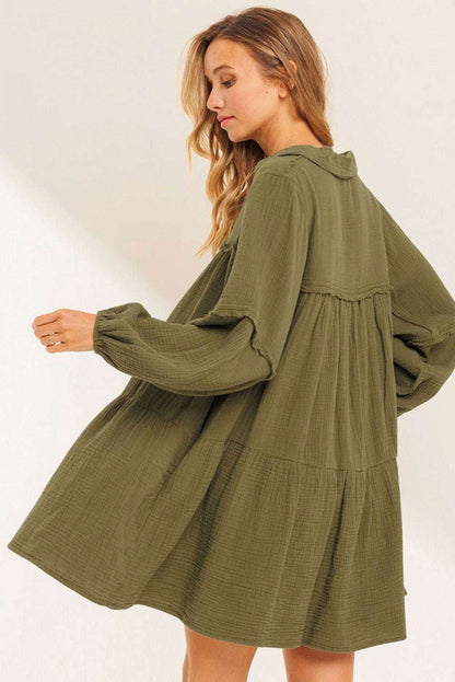 Solid Color Gauze Collared Casual Swing Long Sleeve Dress 