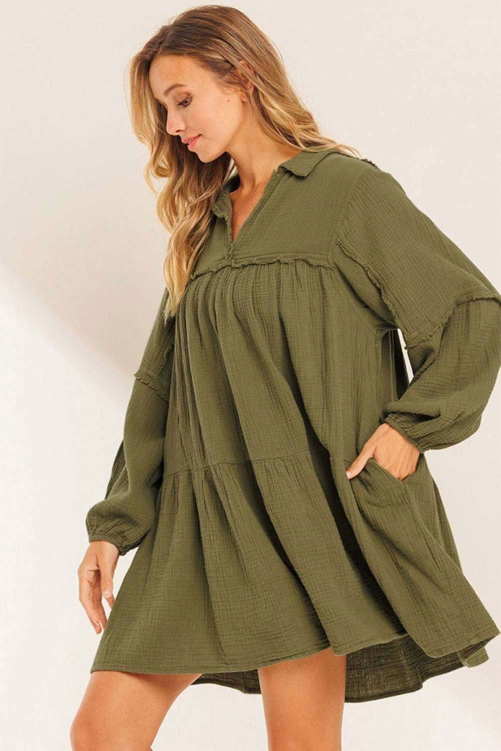 Solid Color Gauze Collared Casual Swing Long Sleeve Dress 