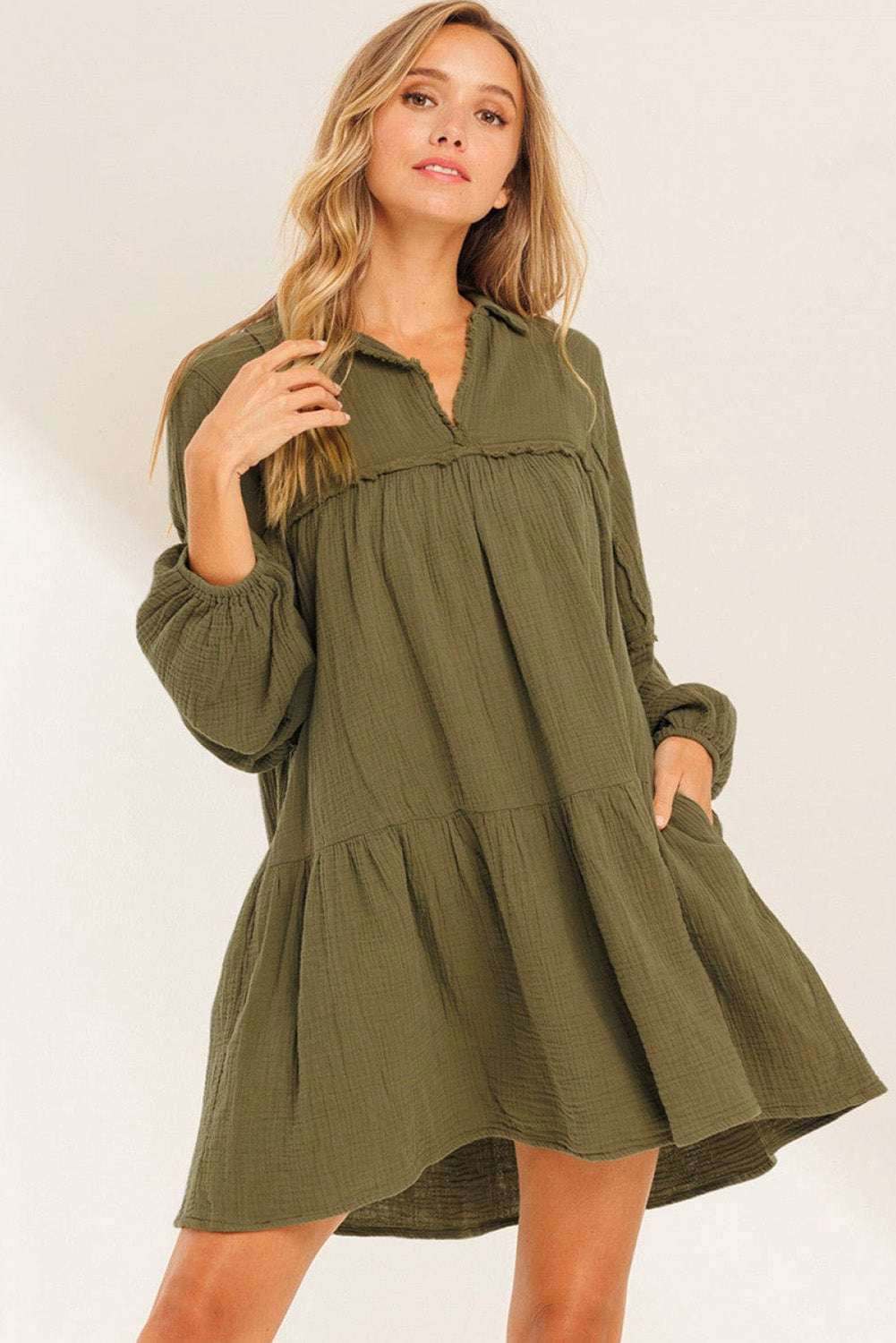 Solid Color Gauze Collared Casual Swing Long Sleeve Dress 