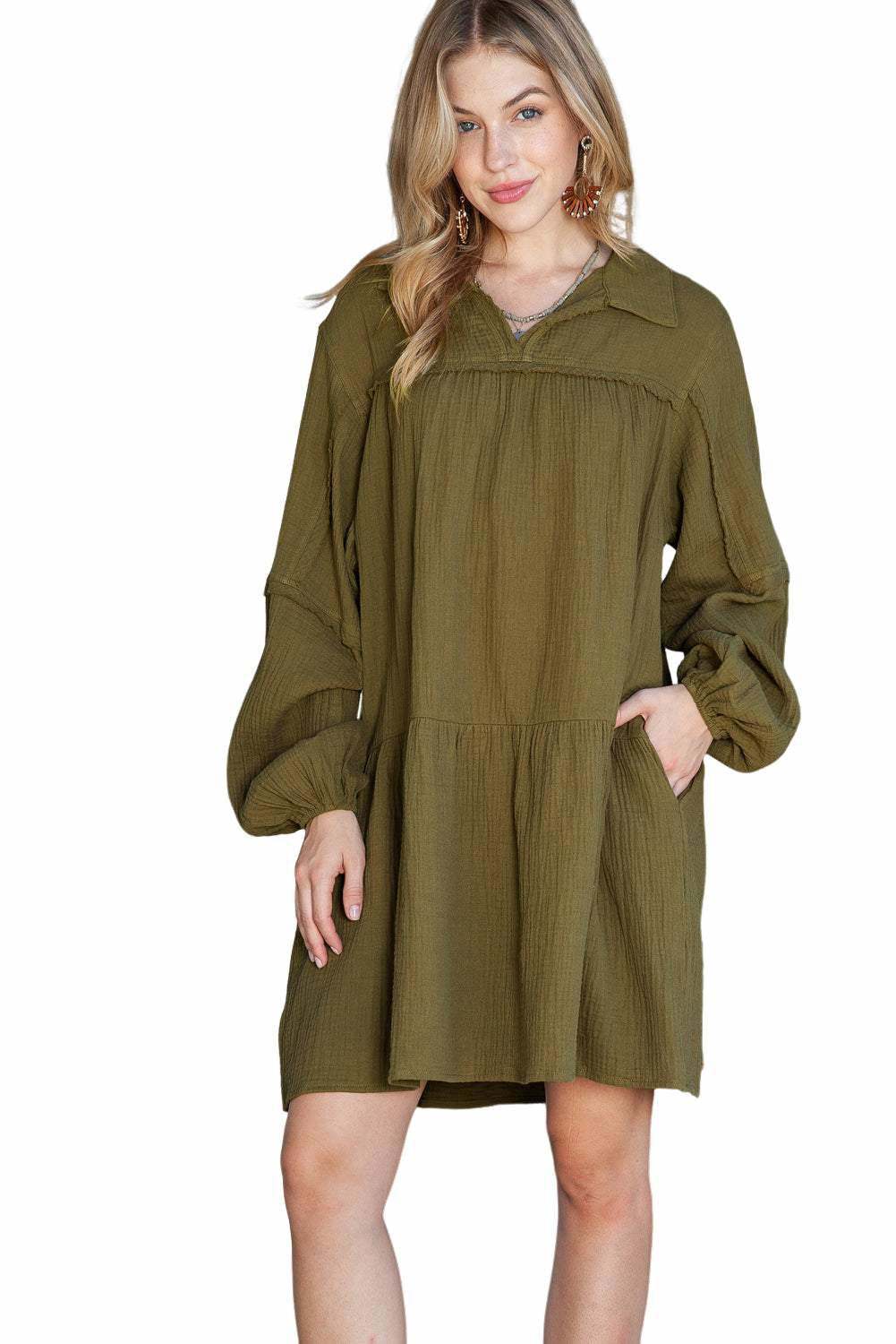 Solid Color Gauze Collared Casual Swing Long Sleeve Dress 