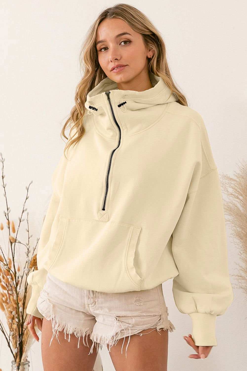 Solid Color Half Zip Pullover Hoodie with Kangaroo Pocket 