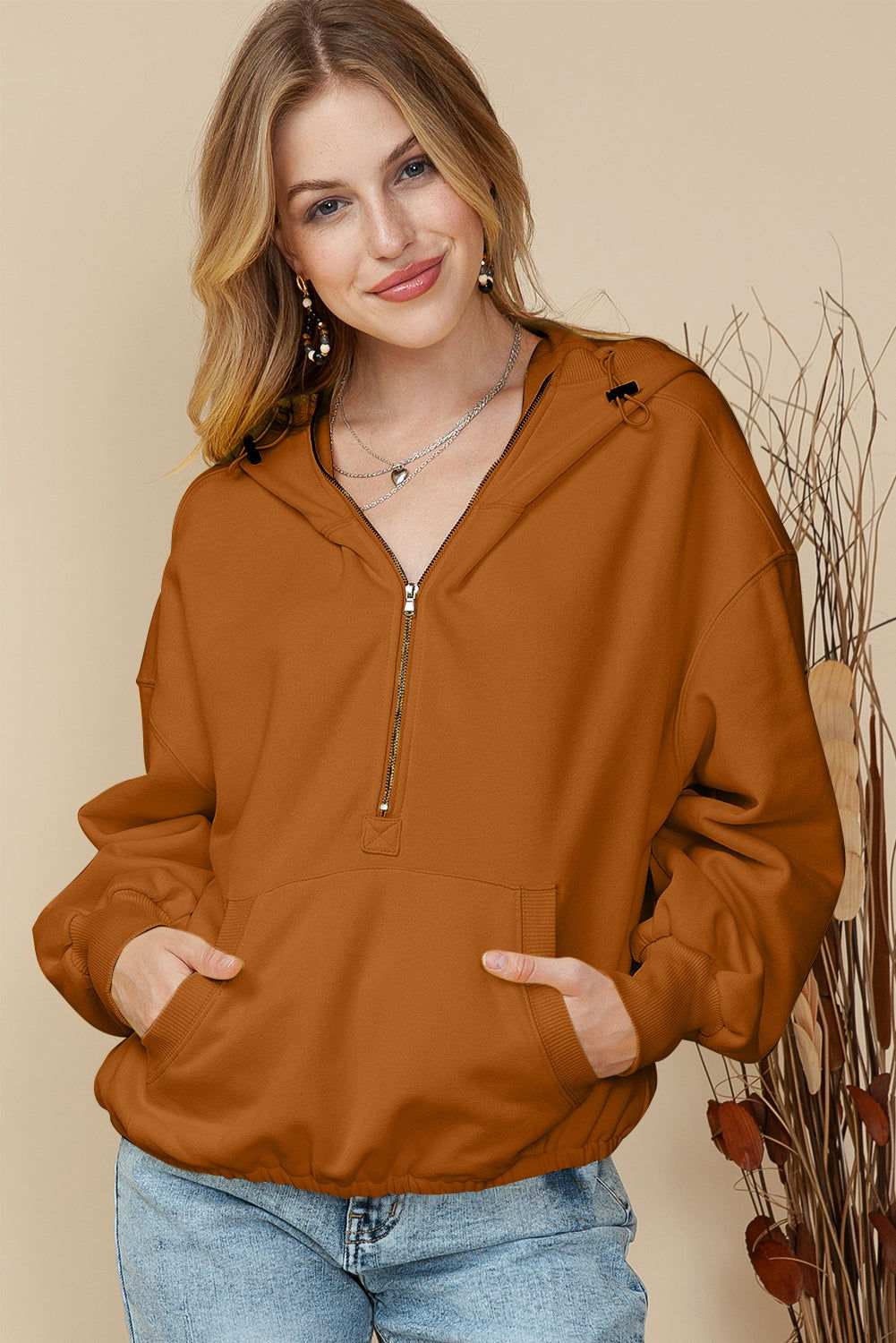 Solid Color Half Zip Pullover Hoodie with Kangaroo Pocket 