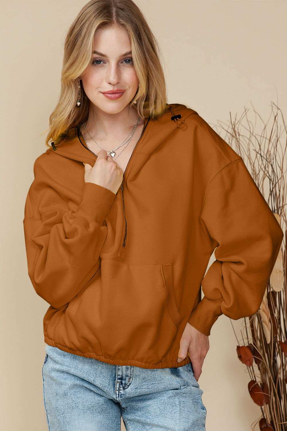 Solid Color Half Zip Pullover Hoodie with Kangaroo Pocket 