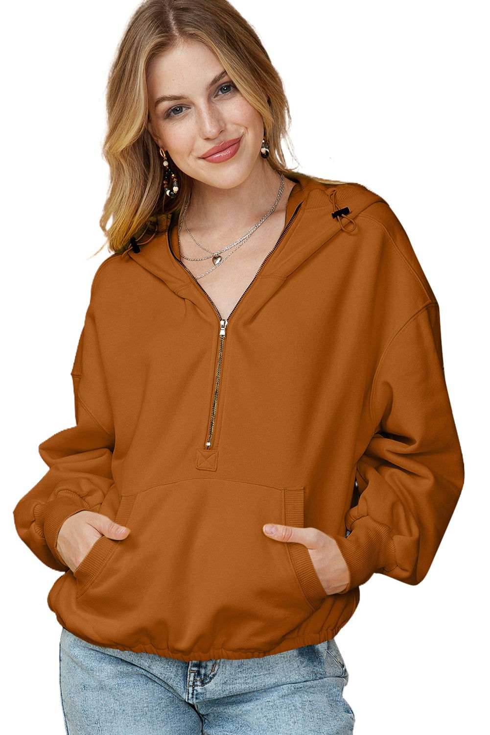 Solid Color Half Zip Pullover Hoodie with Kangaroo Pocket 