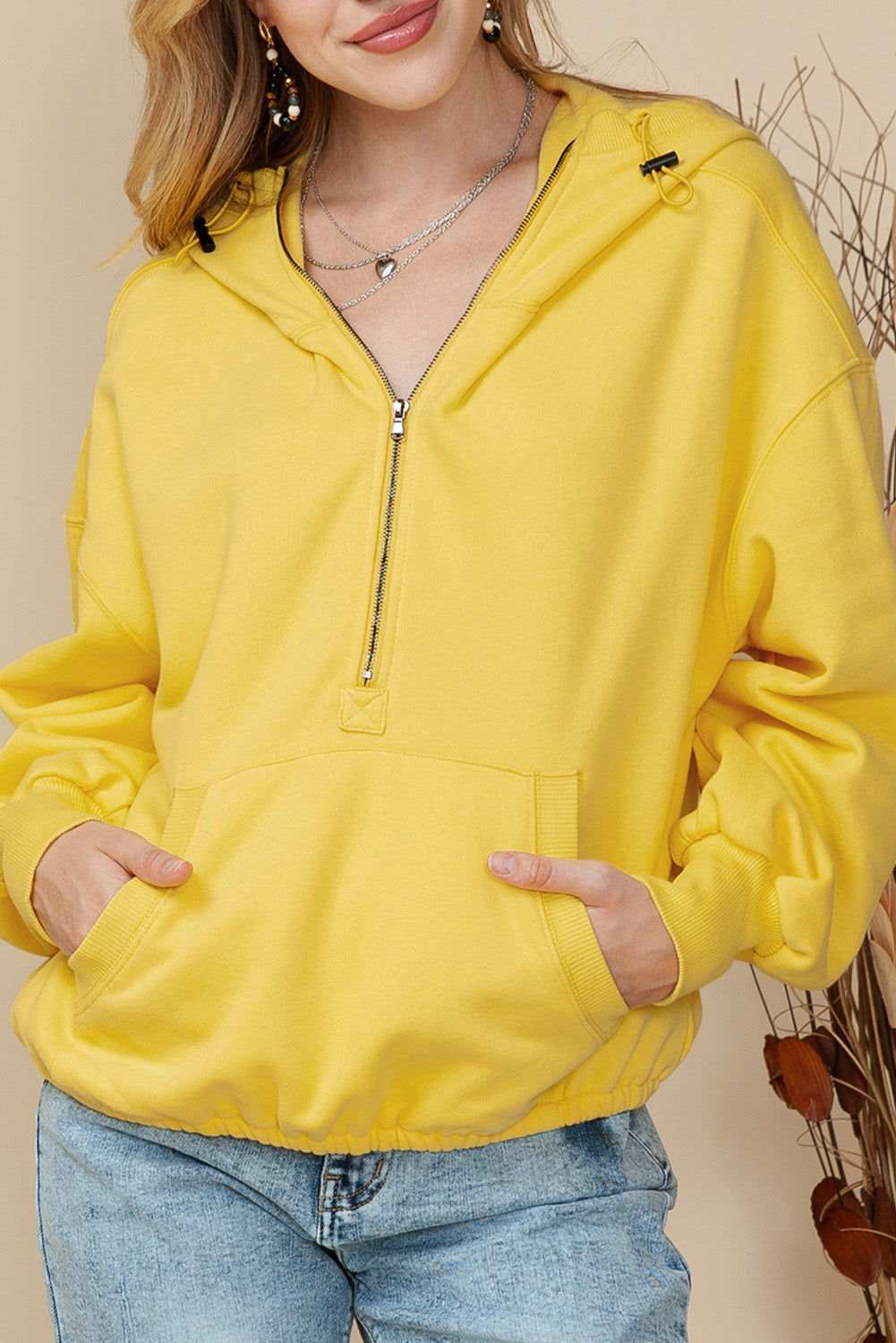 Solid Color Half Zip Pullover Hoodie with Kangaroo Pocket 